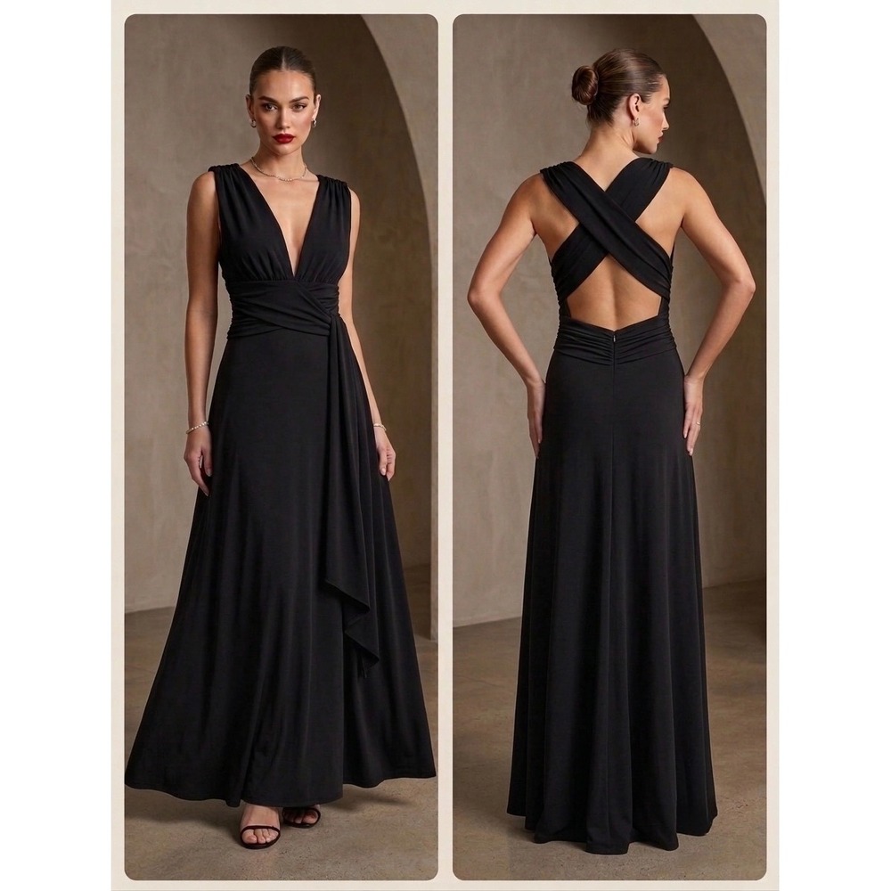 White‎ House Black Market Black Plunge V-Neck Open Back Maxi Gown Dress 10 Sexy